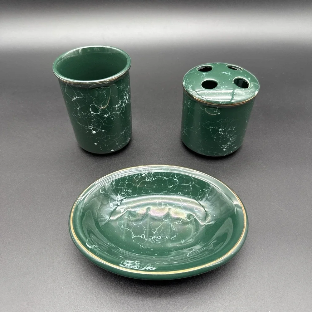 Green Marble Soap Dish Tumbler Toothbrush Holder Bathroom Set Vintage Gold Rim‎